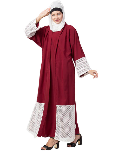Women Bottom and Sleeve Embroidered Fabric With Extra Jacket at Front Abaya Maroon